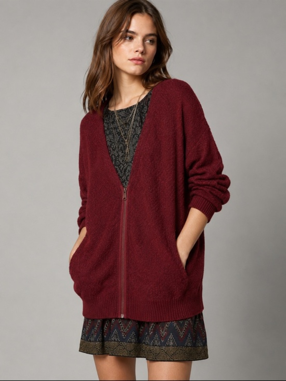Silence + Noise Burgundy Red Oversized Zip Front Cardigan Sweater Size S